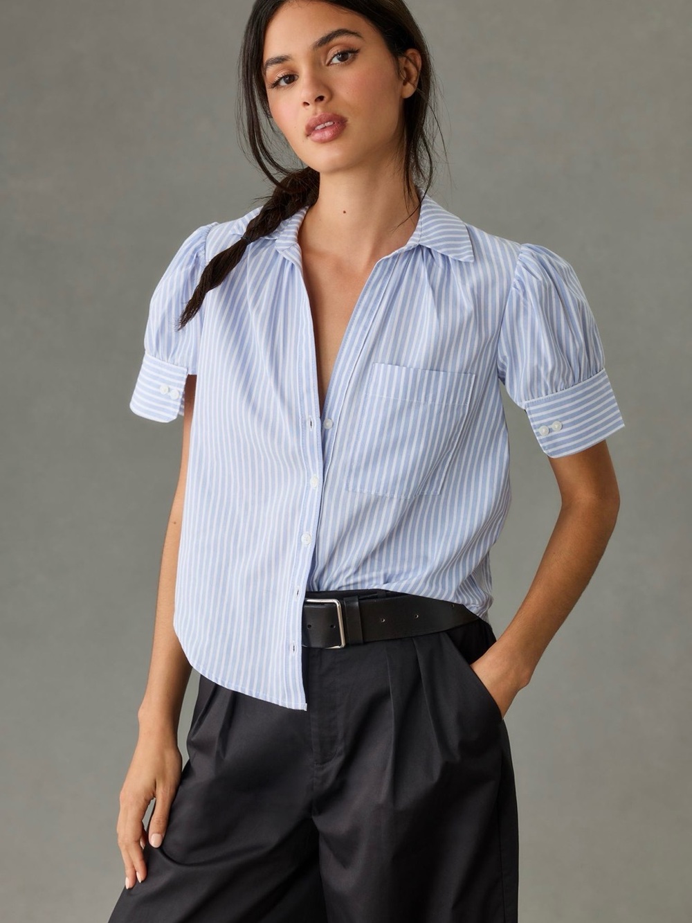 Anthropologie Light Blue & White Striped Puff-Sleeve Button Shirt